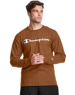 Champion Klasik Long-Sleeve Script Logo Erkek Tişört Kahverengi | BG5740861