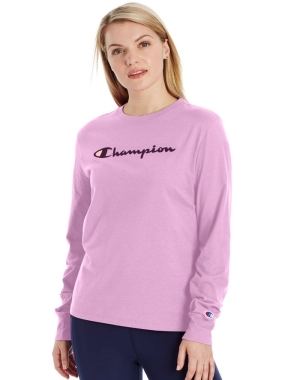 Champion Klasik Long-Sleeve Script Logo Kadın Tişört Pembe | CK0648372