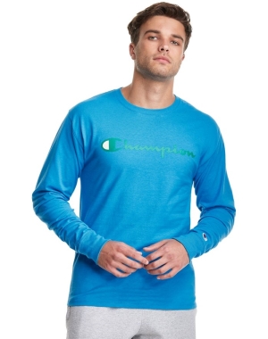 Champion Klasik Long-Sleeve Script Logo Erkek Tişört Mavi | FE2438915