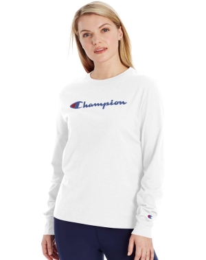 Champion Klasik Long-Sleeve Script Logo Kadın Tişört Beyaz | HR3415978