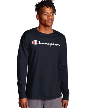 Champion Klasik Long-Sleeve Script Logo Erkek Tişört Lacivert | HR8947206