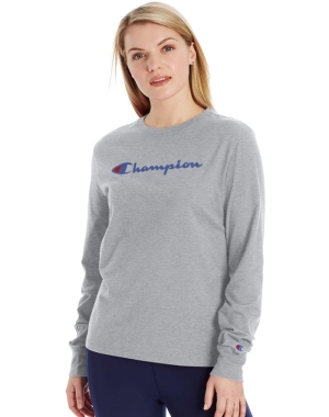 Champion Klasik Long-Sleeve Script Logo Kadın Tişört Gri | IH5023946