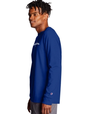 Champion Klasik Long-Sleeve Script Logo Erkek Tişört Mavi | JY7862951