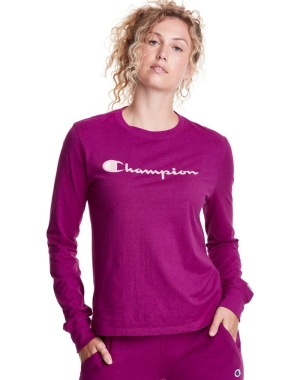 Champion Klasik Long-Sleeve Script Logo Kadın Tişört Pembe | KF0147693