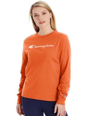 Champion Klasik Long-Sleeve Script Logo Kadın Tişört Turuncu | MW9740583