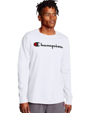 Champion Klasik Long-Sleeve Script Logo Erkek Tişört Beyaz | PQ3270945