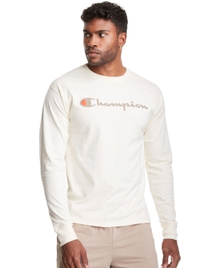 Champion Klasik Long-Sleeve Script Logo Erkek Tişört Beyaz | QT4270519