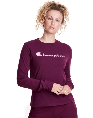 Champion Klasik Long-Sleeve Script Logo Kadın Tişört Koyu Mor | QT8207415