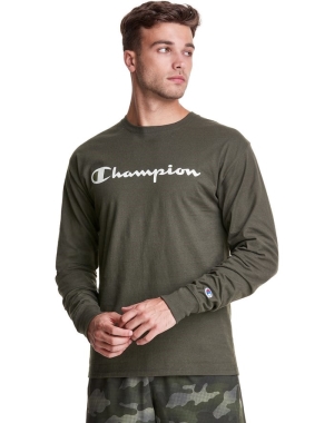Champion Klasik Long-Sleeve Script Logo Erkek Tişört Zeytin Yeşili | UO7201968