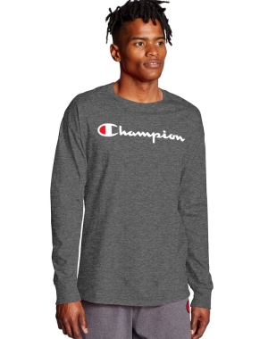 Champion Klasik Long-Sleeve Script Logo Erkek Tişört Koyu Gri | WB2847503