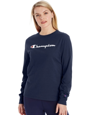 Champion Klasik Long-Sleeve Script Logo Kadın Tişört Lacivert | XL8092416