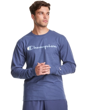 Champion Klasik Long-Sleeve Script Logo Erkek Tişört Mavi | XT2408376