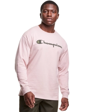 Champion Klasik Long-Sleeve Script Logo Erkek Tişört Pembe | XZ7031549