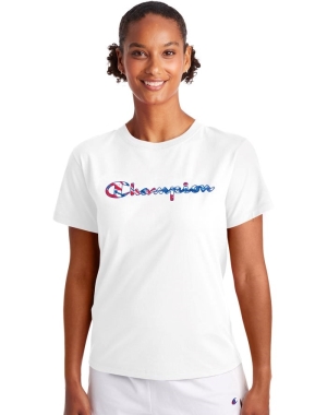 Champion Klasik Script Tie-Dye Logo Kadın Tişört Beyaz | JE4728153