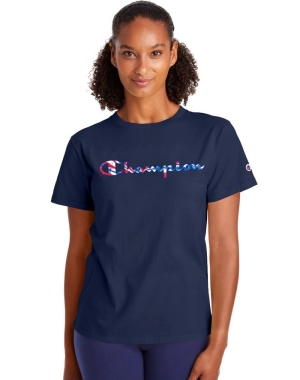 Champion Klasik Script Tie-Dye Logo Kadın Tişört Lacivert | MV8302945