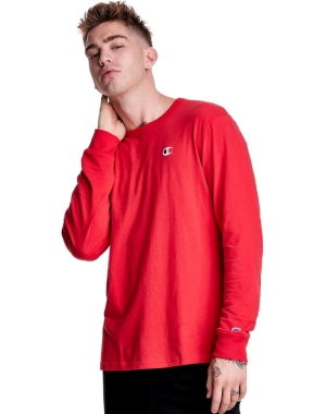 Champion Long-Sleeve Hafif C Logo Erkek Tişört Kırmızı | UQ7609281