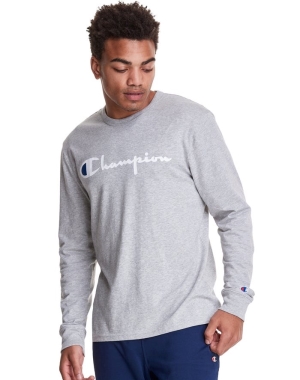 Champion Long-Sleeve Hafif Script Logo Erkek Tişört Gri | AT9785032