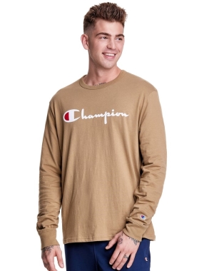 Champion Long-Sleeve Hafif Script Logo Erkek Tişört Haki | CP3457821