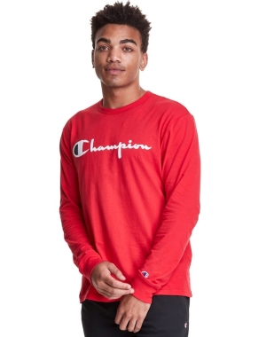 Champion Long-Sleeve Hafif Script Logo Erkek Tişört Kırmızı | NT8457296