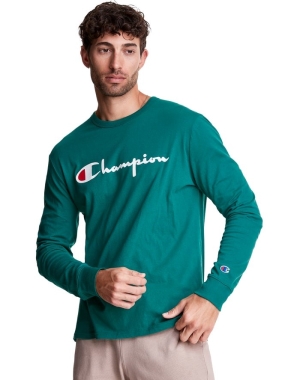 Champion Long-Sleeve Hafif Script Logo Erkek Tişört Turkuaz | RG5420167