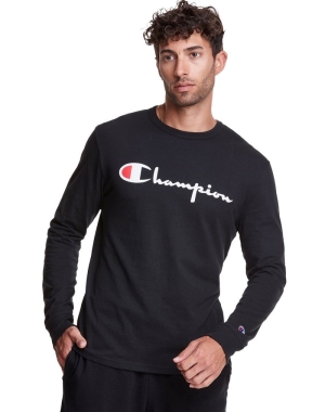 Champion Long-Sleeve Hafif Script Logo Erkek Tişört Siyah | VB6847253
