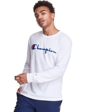 Champion Long-Sleeve Hafif Script Logo Erkek Tişört Beyaz | YG8019274