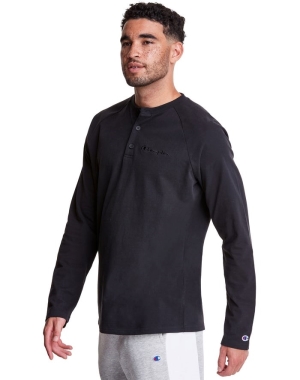 Champion Long Sleeve Henley Erkek Tişört Siyah | XL0419862