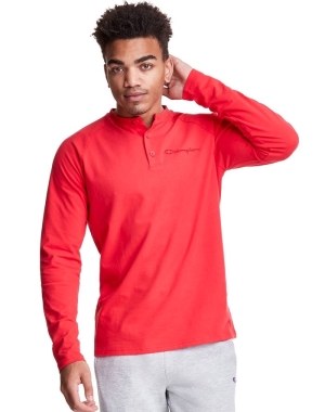 Champion Long Sleeve Henley Erkek Tişört Kırmızı | YR8917405