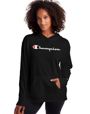 Champion Midweight Jersey Script Logo Kadın Kapüşonlu Sweatshirt Siyah | IQ9356728