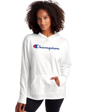 Champion Midweight Jersey Script Logo Kadın Kapüşonlu Sweatshirt Beyaz | JL1327468