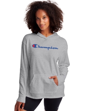 Champion Midweight Jersey Script Logo Kadın Kapüşonlu Sweatshirt Gri | PA3742195