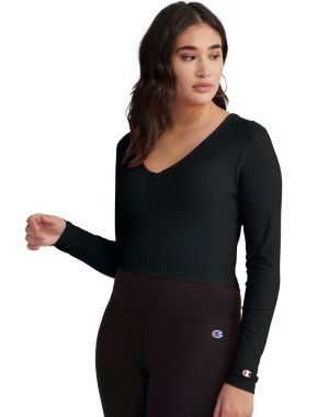 Champion Nervürlü Zip Front Cardigan Kadın Eşofman Altı Siyah | PO2690578