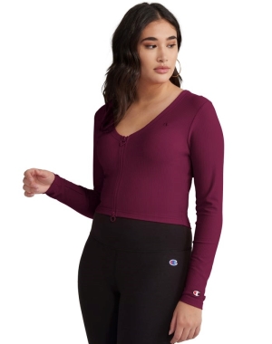 Champion Nervürlü Zip Front Cardigan Kadın Eşofman Altı Koyu Mor | RN5273684