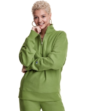 Champion Oversized Reverse Weave 1/4 Zip Embroidered C Logo Kadın Tişört Yeşil | CG1365489