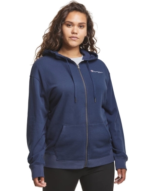 Champion Plus Campus French Terry Zip Embroidered Logo Kadın Kapüşonlu Sweatshirt Lacivert | ND5674180