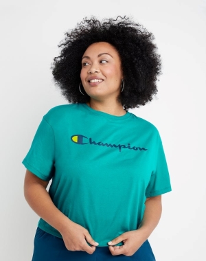 Champion Plus Cropped Script C Logo Kadın Tişört Turkuaz | PV3745091