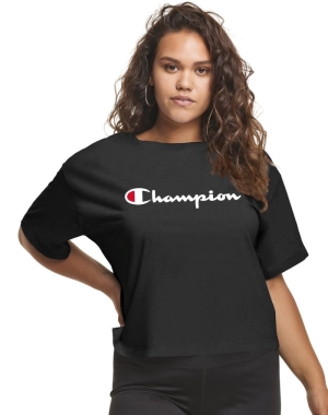 Champion Plus Cropped Script C Logo Kadın Tişört Siyah | ZI4658213