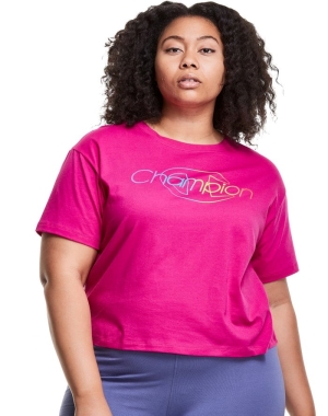 Champion Plus Hafif Cropped Rainbow Logo Kadın Tişört Pembe | PU8951476