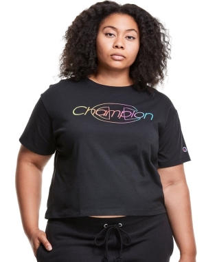 Champion Plus Hafif Cropped Rainbow Logo Kadın Tişört Siyah | QZ6039458