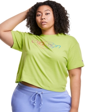 Champion Plus Hafif Cropped Rainbow Logo Kadın Tişört Yeşil | UZ6784592