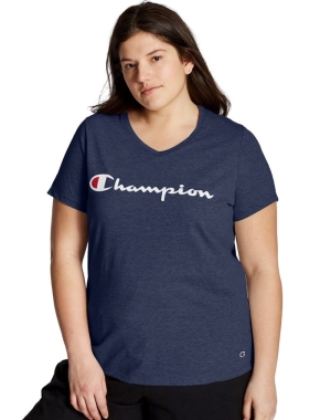 Champion Plus Jersey V-Neck Script Logo Kadın Tişört Lacivert | BJ7246195