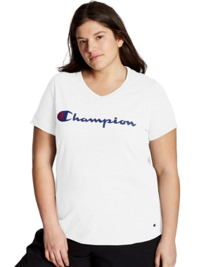 Champion Plus Jersey V-Neck Script Logo Kadın Tişört Beyaz | LR7139402