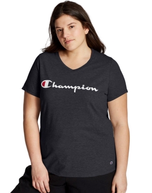 Champion Plus Jersey V-Neck Script Logo Kadın Tişört Siyah | VU1027856