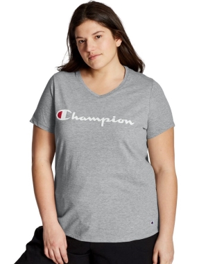 Champion Plus Jersey V-Neck Script Logo Kadın Tişört Gri | WG2350698