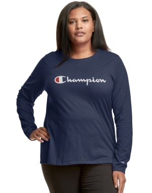 Champion Plus Klasik Long-Sleeve Script Logo Kadın Üstler Lacivert | BU2671834