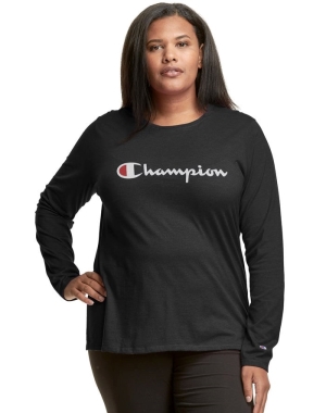 Champion Plus Klasik Long-Sleeve Script Logo Kadın Üstler Siyah | KY0742938