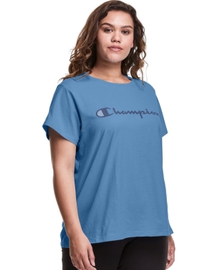 Champion Plus Klasik Script Logo Kadın Tişört Mavi | EU7391428