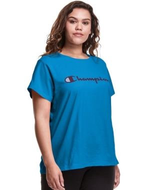 Champion Plus Klasik Script Logo Kadın Tişört Mavi | IJ6482719