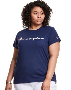 Champion Plus Klasik Script Logo Kadın Tişört Lacivert | UJ3960427
