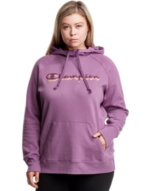 Champion Plus Powerblend Fleece Drop Shadow Foil Script Logo Kadın Kapüşonlu Sweatshirt Pembe | EC4250936